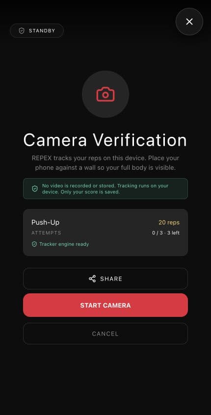 Current REPEX camera verification screen for a Push-Up workout